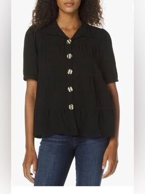John Mark Black Button-Front Short Sleeve Tiered Ruffle Top Blouse Size Large
